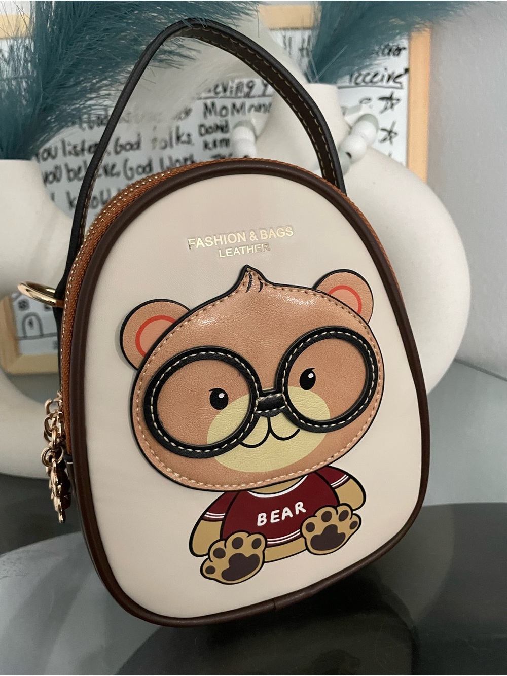 Cream & Brown Bear Crossbody Bag with Glasses Graphic